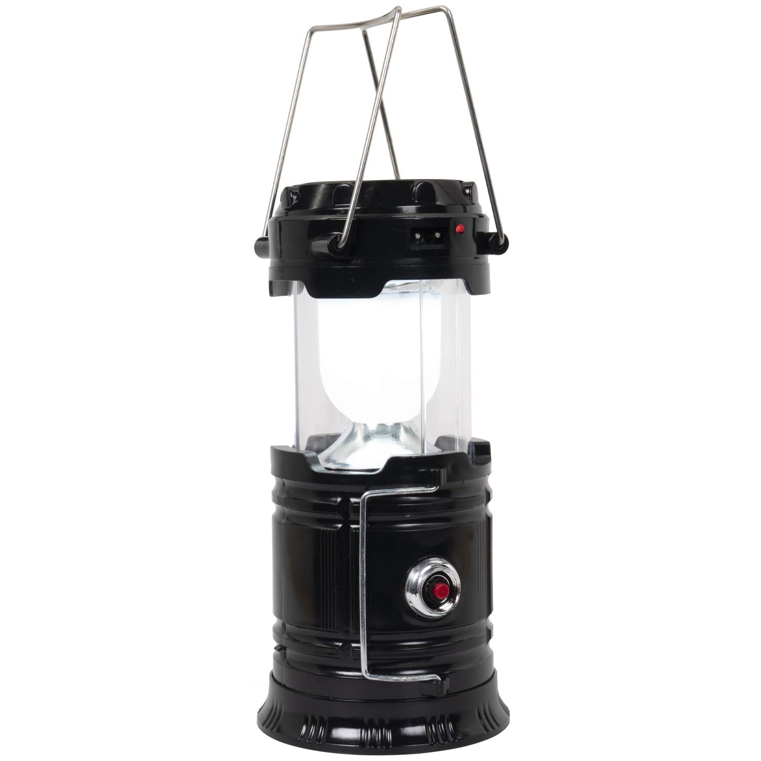 Technical Pro camping lantern includes AC charger for faster indoor recharge.