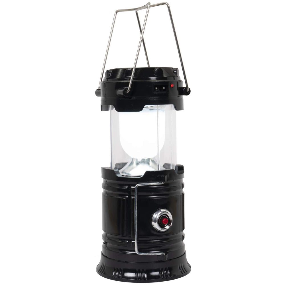 Technical Pro camping lantern includes AC charger for faster indoor recharge.