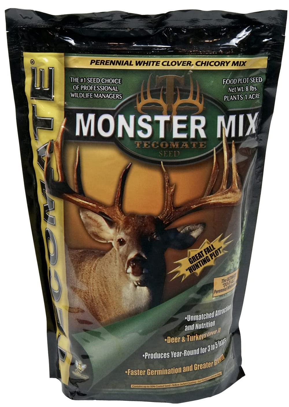 Tecomate Monster Mix seed bag for both deer and turkey plots, promoting year-round attraction.