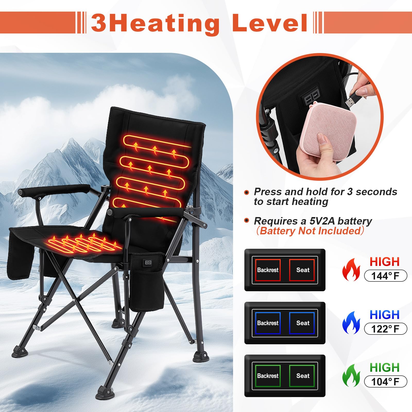 Teenyyou 2-pack heated camping chair heat-settings panel illustrating adjustable warmth.