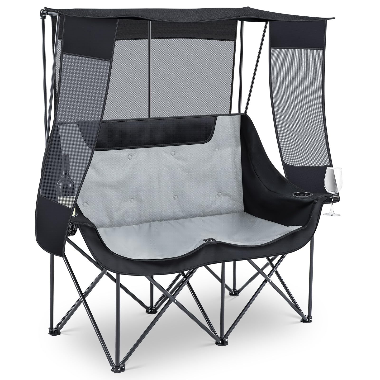 Teenyyou double camping chair with canopy front view offers cooling shade on sunny outings.