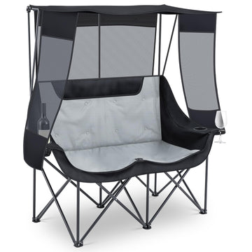 Teenyyou double camping chair with canopy front view offers cooling shade on sunny outings.