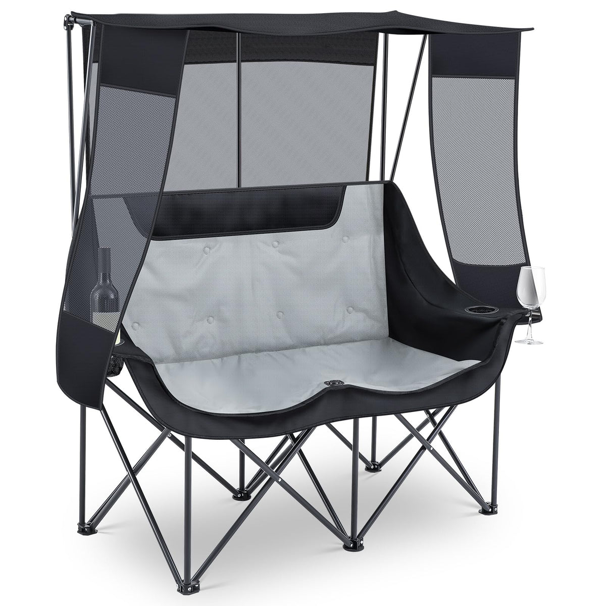 Teenyyou double camping chair with canopy front view offers cooling shade on sunny outings.