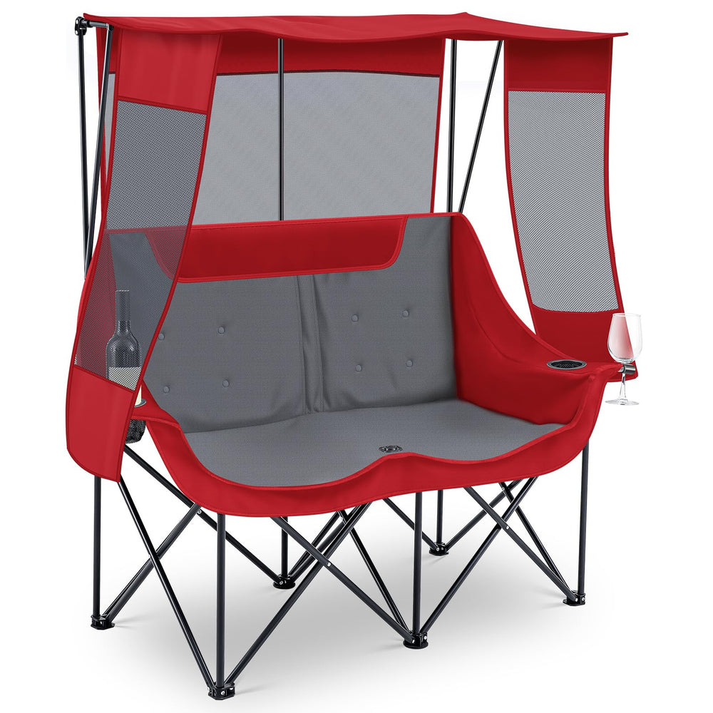 Teenyyou double camping chair with canopy provides shaded comfort for two outdoors.