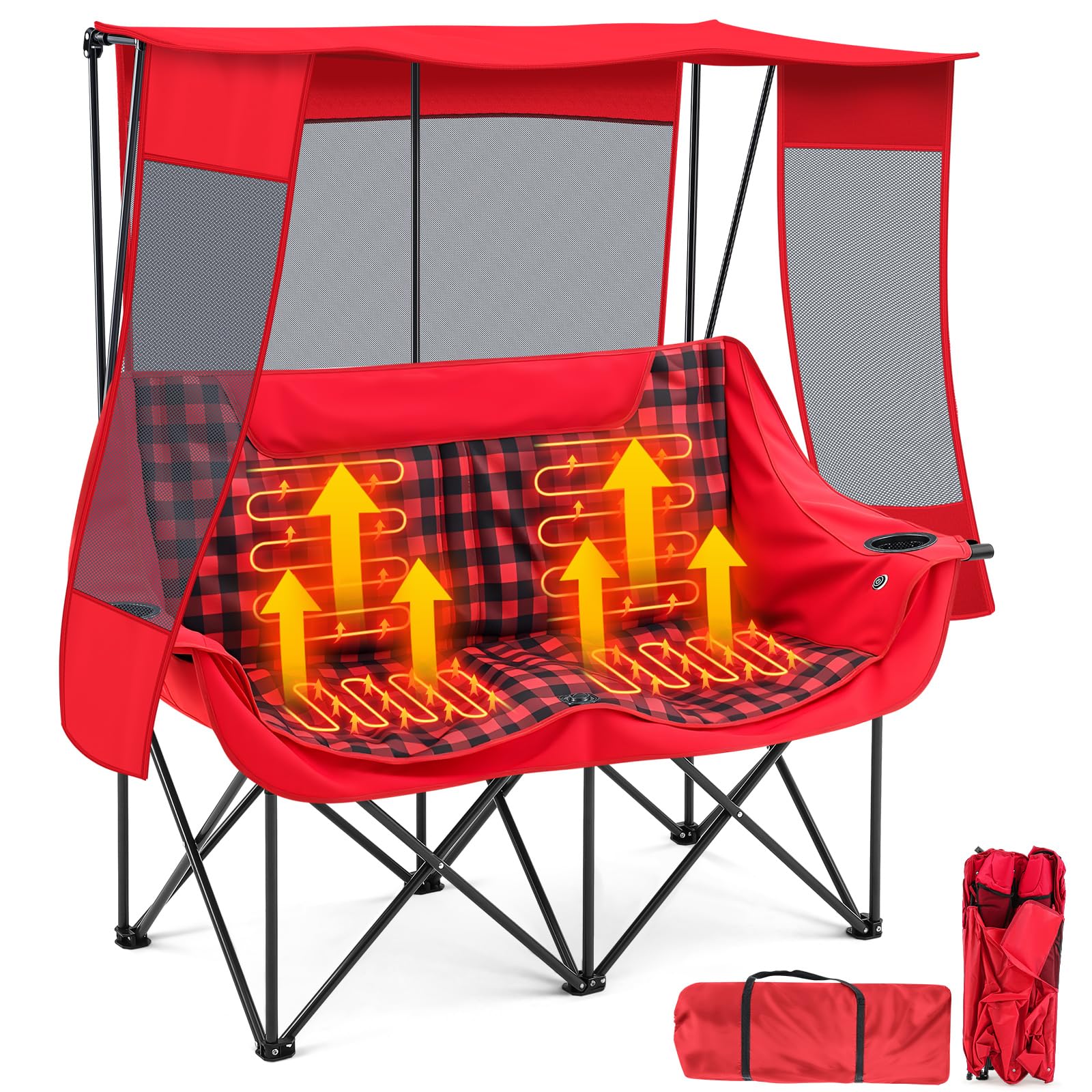 Teenyyou heated double camping chair front view showing roomy two-seat setup for outdoor use.