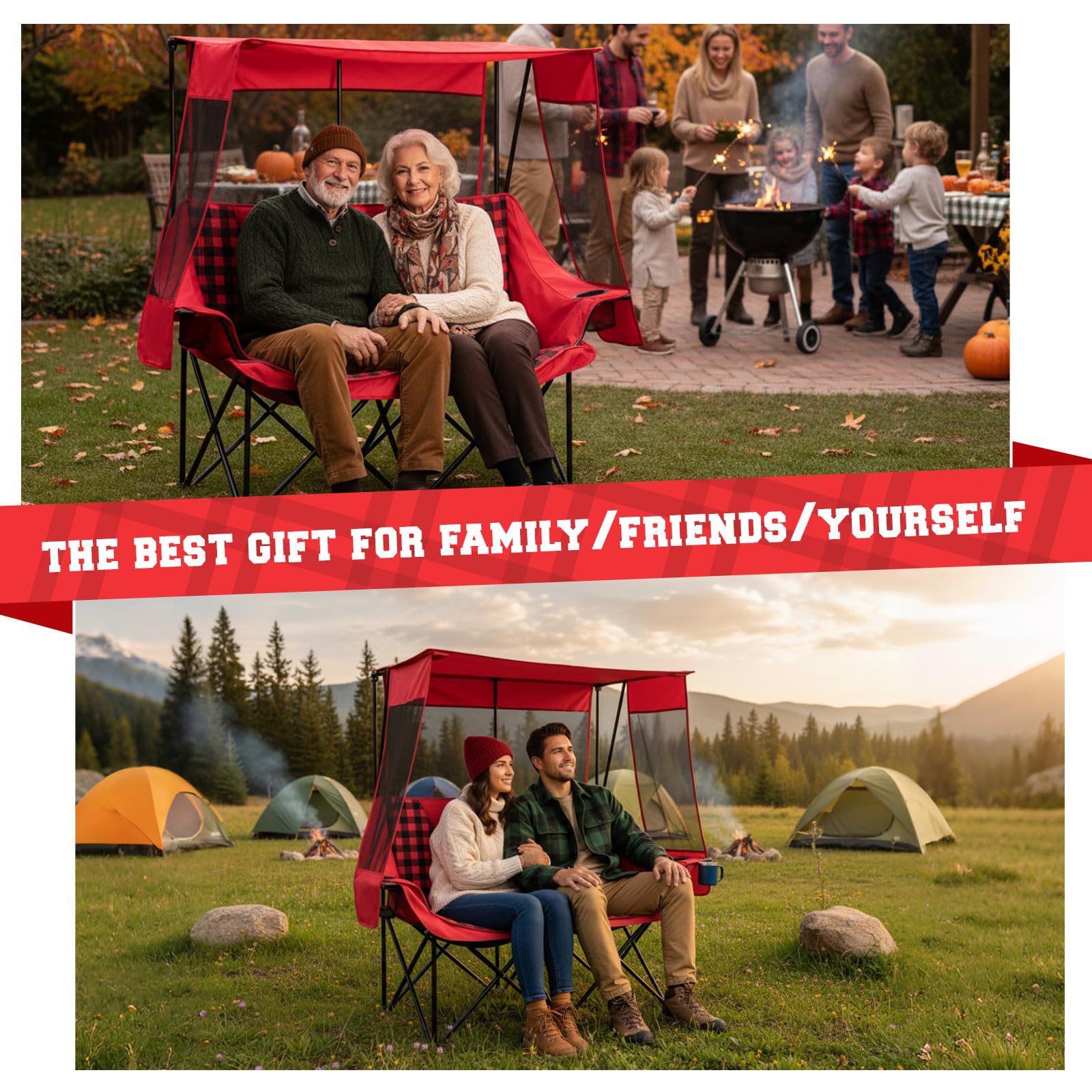 Teenyyou heated double camping chair in-use depicting warmth and shared space outdoors.
