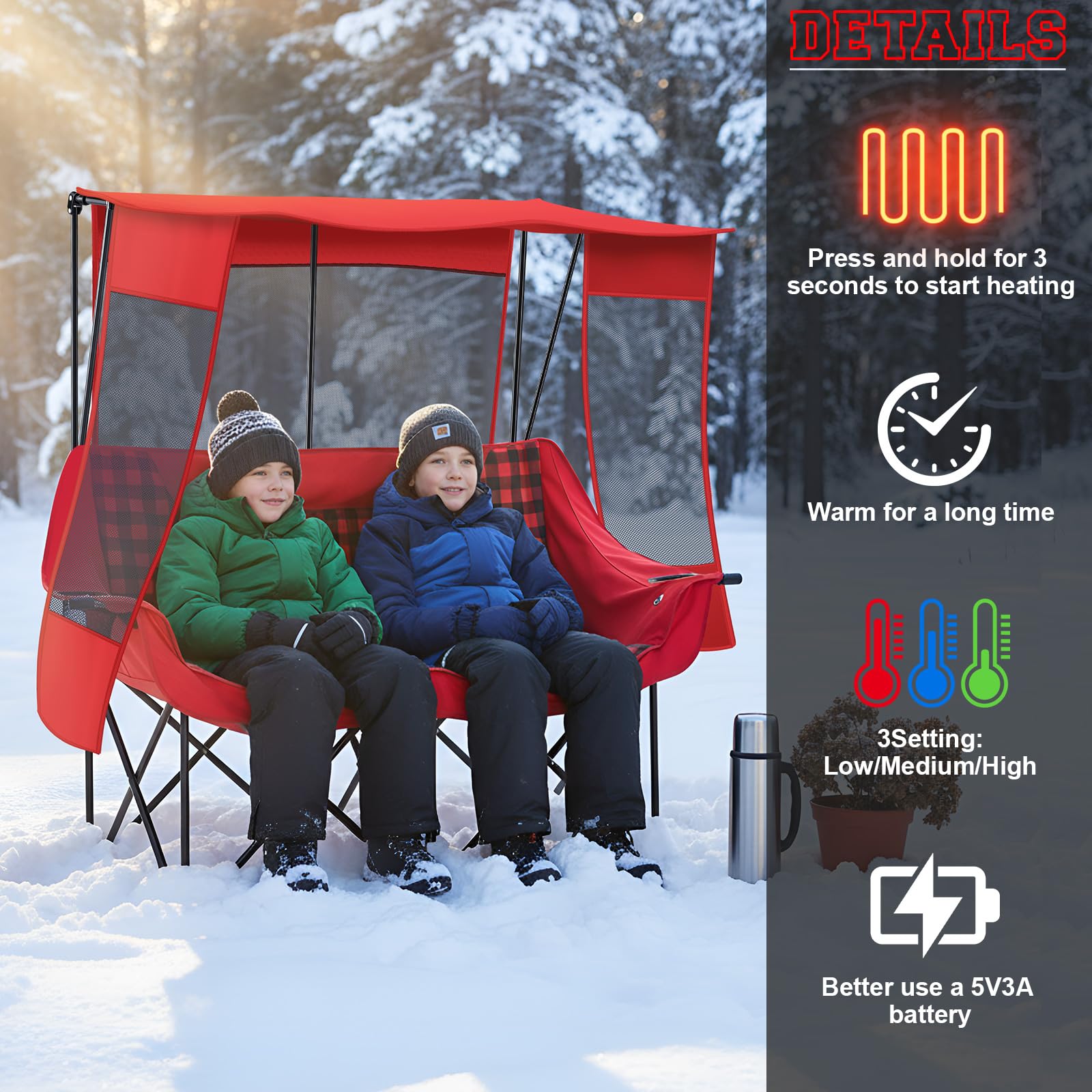 Teenyyou heated double camping chair padded-seat close-up showing lumbar support.