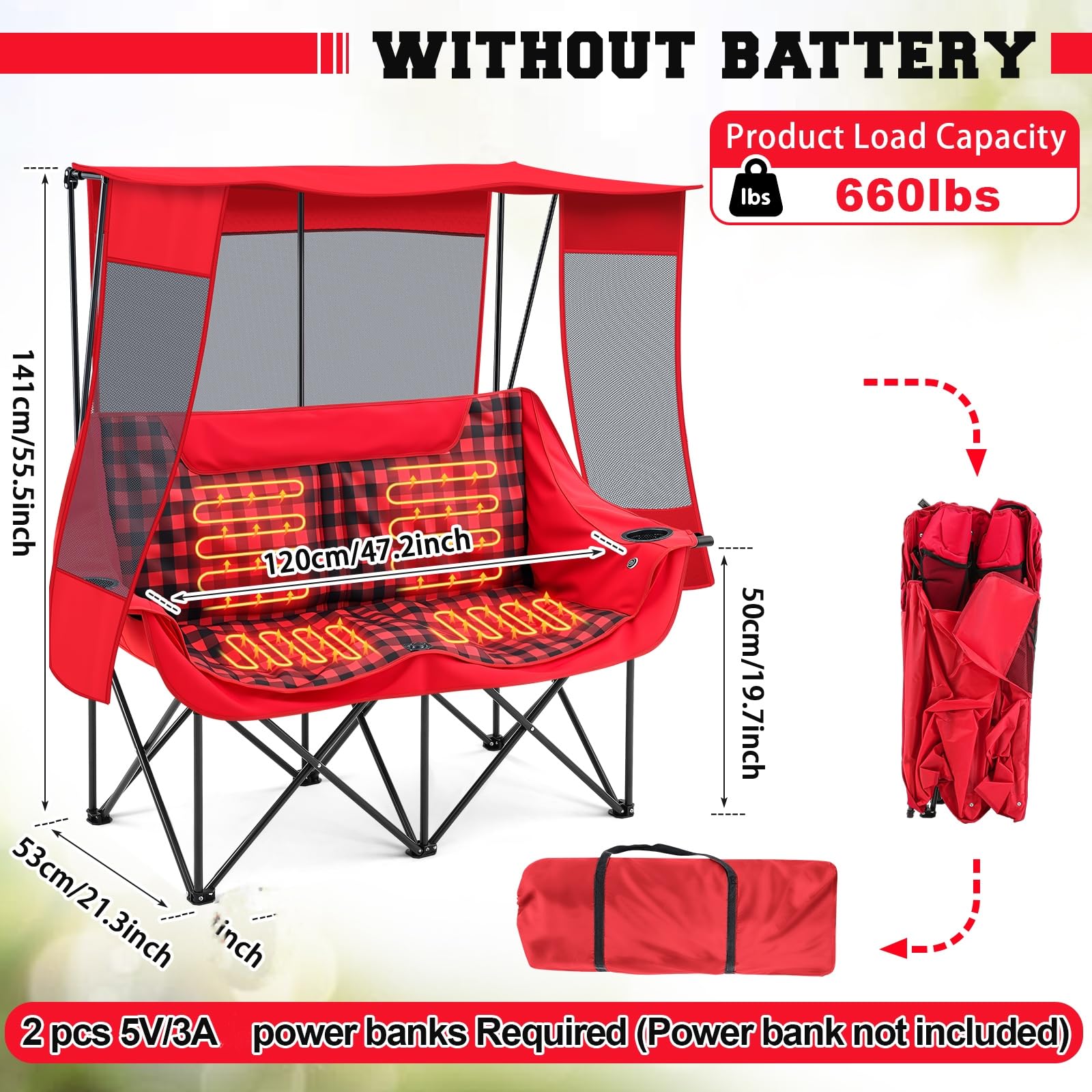 Teenyyou heated double camping chair side view reveals shade and wind protection.