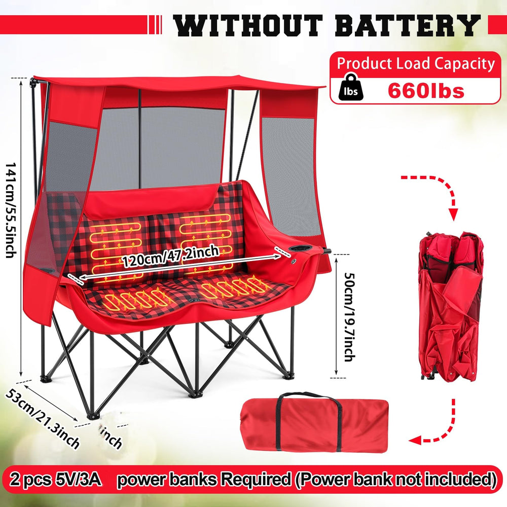 Teenyyou heated double camping chair side view reveals shade and wind protection.