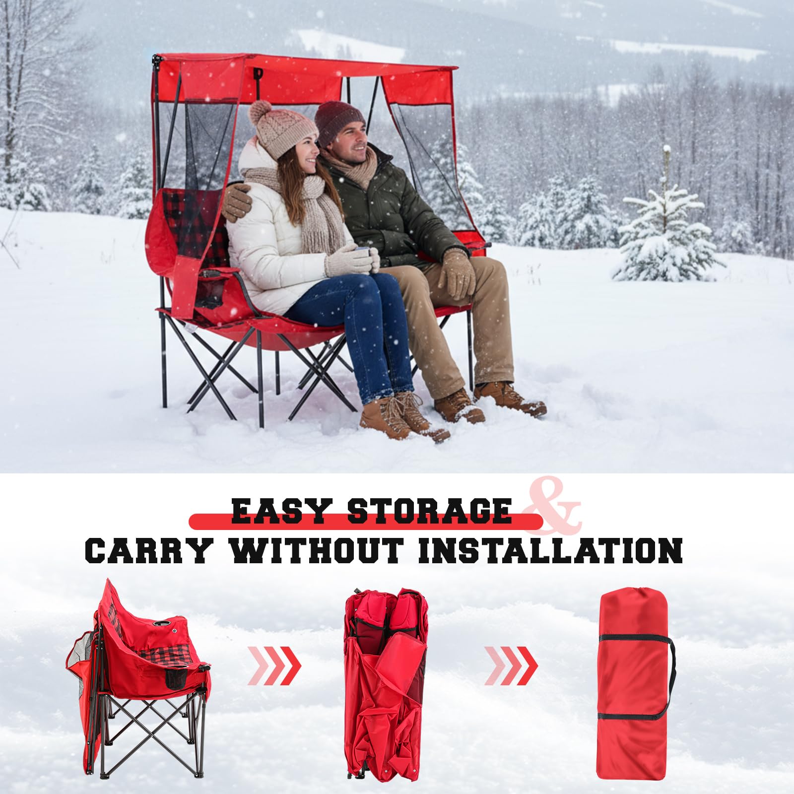 Teenyyou heated double camping chair uv-shade demonstrates sun protection for lounging outdoors.