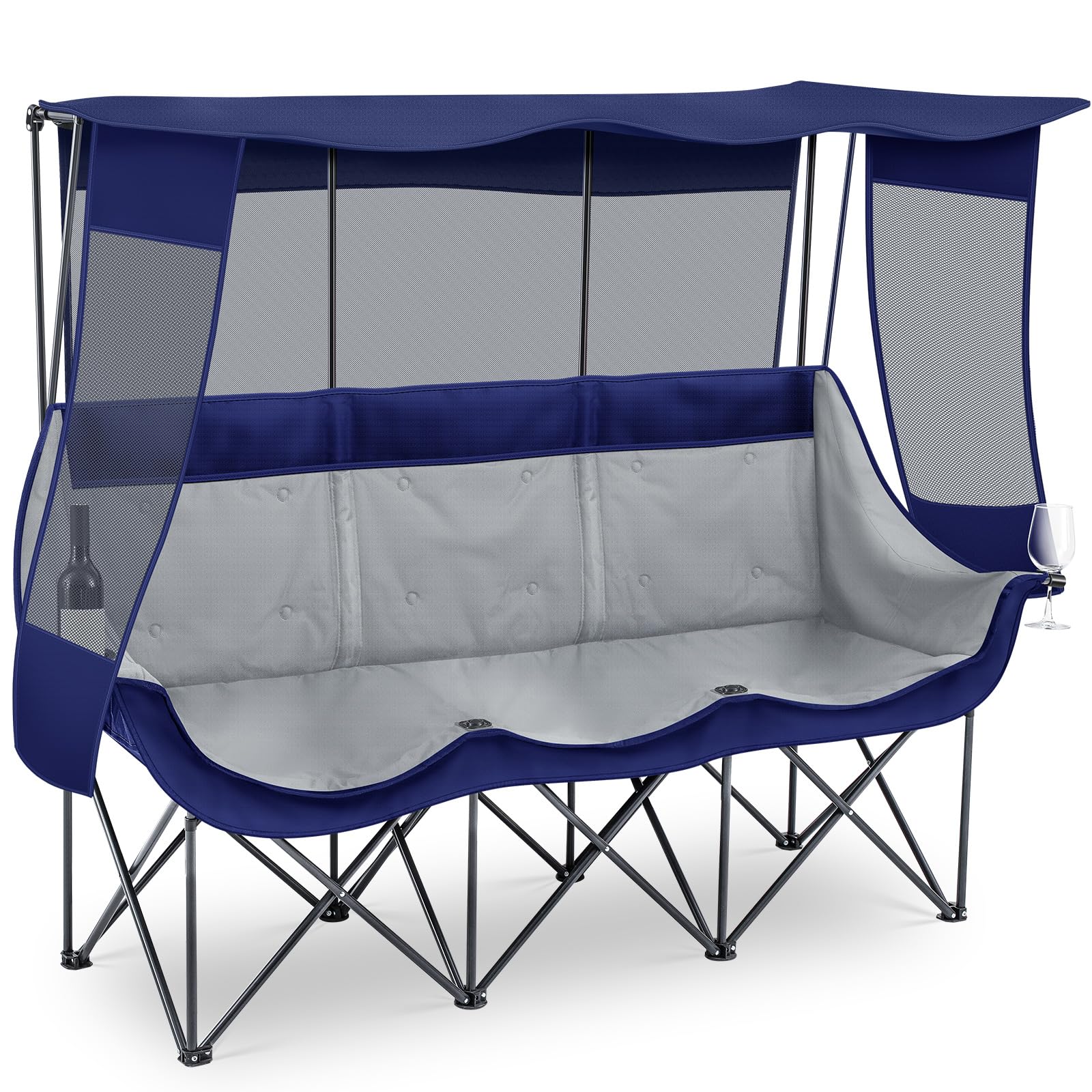Teenyyou oversized 3-person camping chair with canopy blue provides shaded seating for a sunny beach day.
