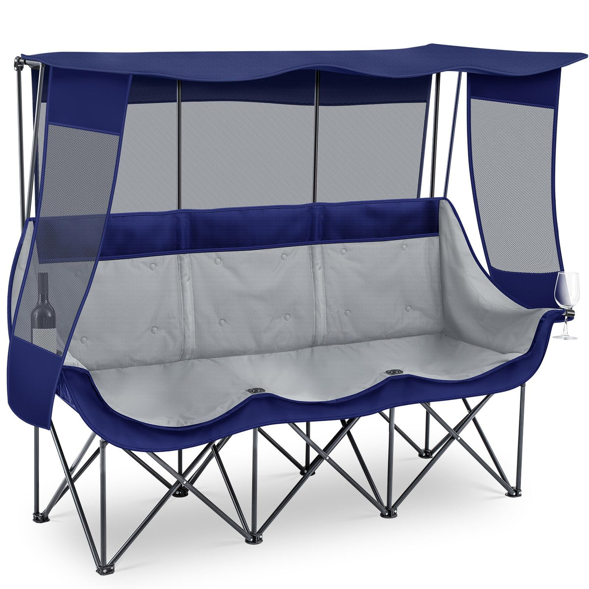 Teenyyou oversized 3-person camping chair with canopy blue provides shaded seating for a sunny beach day.