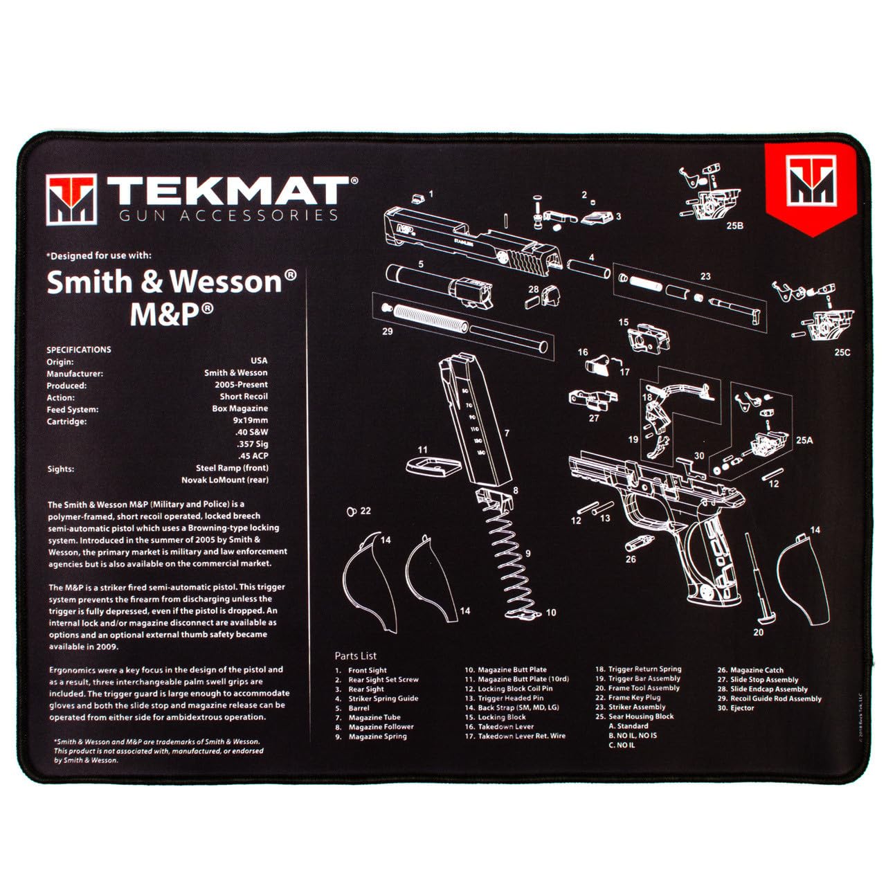 Tekmat 20x15 Ultra Handgun Mat for Smith & Wesson M&P � protective work surface during gun maintenance