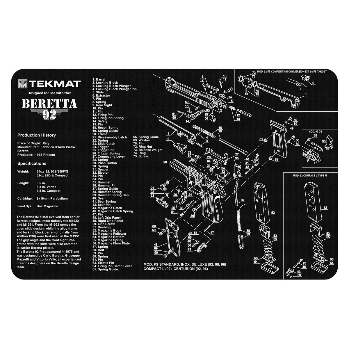 TekMat gun cleaning mat in black for Beretta 92-M9
