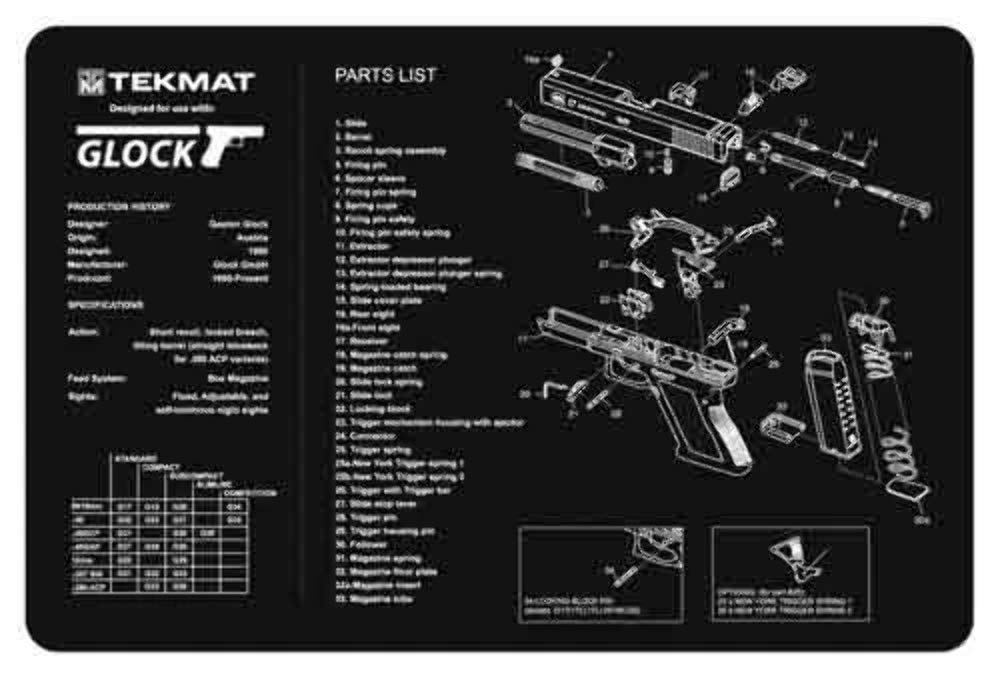 Glock history overview and parts diagram printed on TekMat cleaning mat