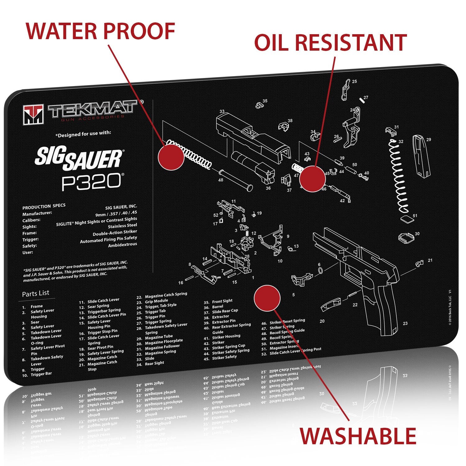 Close-up of Sig Sauer P320 parts diagram on TekMat