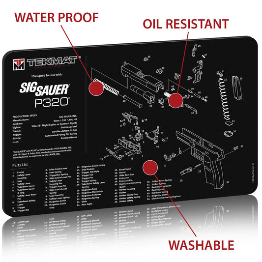 Close-up of Sig Sauer P320 parts diagram on TekMat