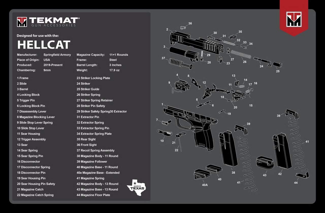 TekMat Springfield Hellcat Gun Cleaning Mat 11x17 Black with stitched edge