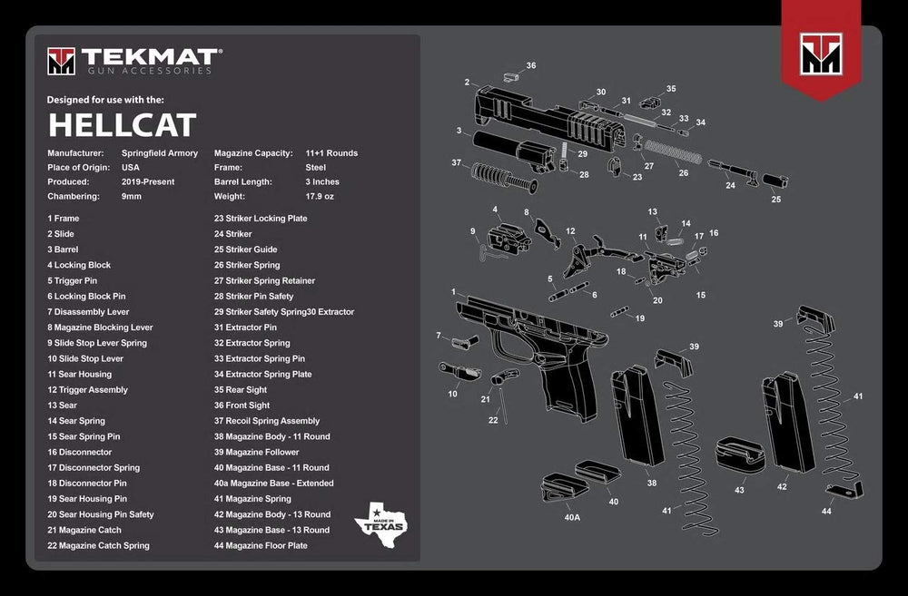 TekMat Springfield Hellcat Gun Cleaning Mat 11x17 Black with stitched edge