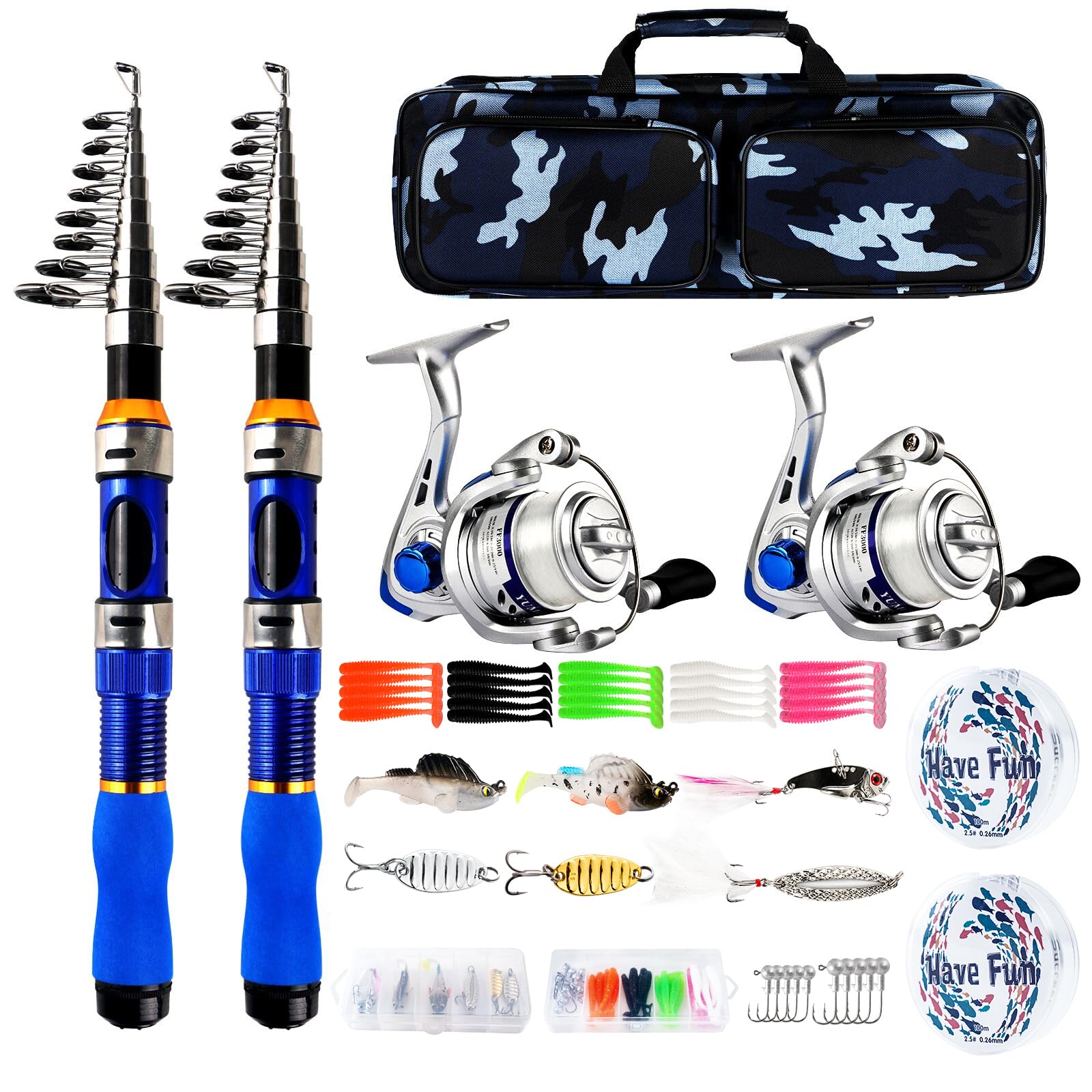 Blue telescopic fishing rod and reel combo with two 6.89ft poles