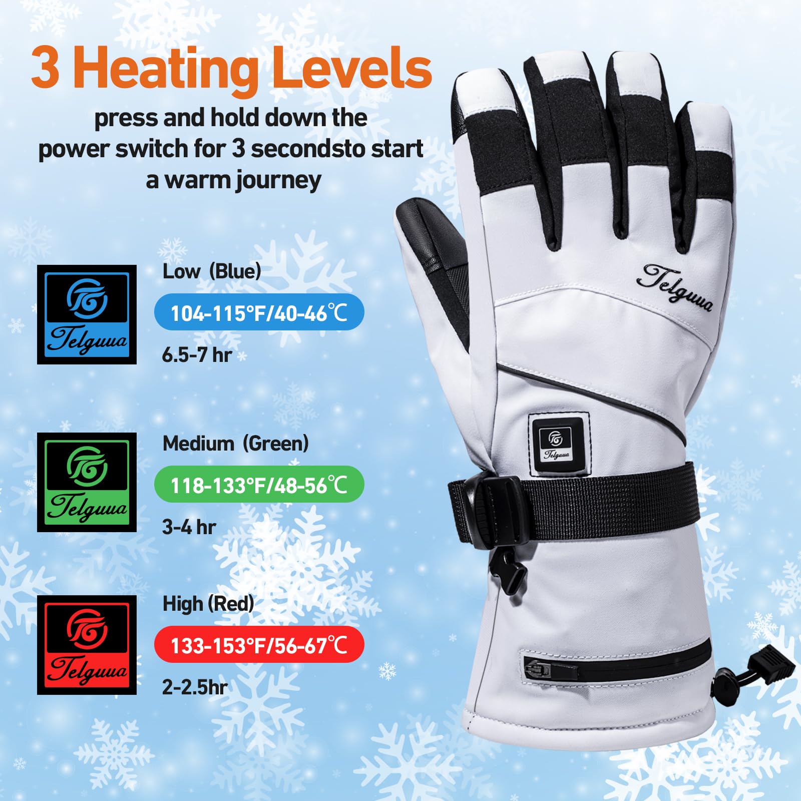 Telguua heated gloves touchscreen-ready thumb and index fingers for device use.