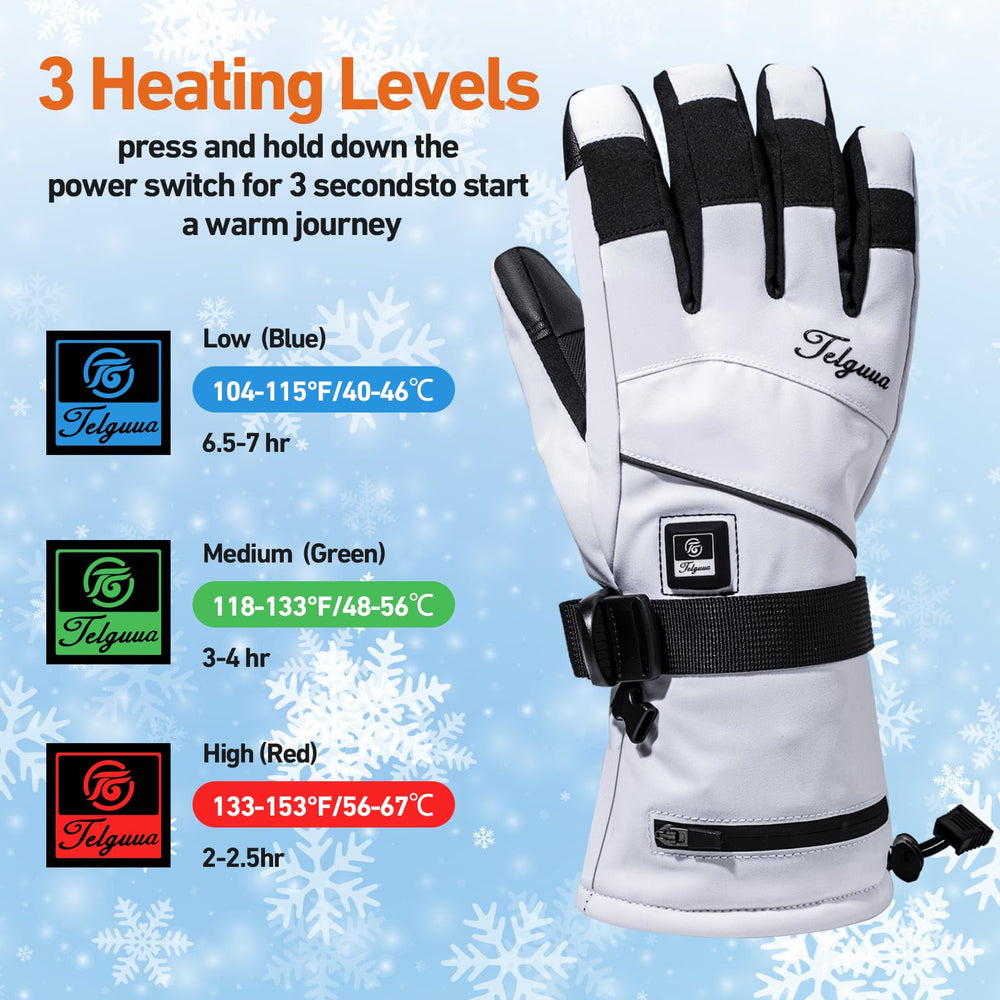 Telguua heated gloves touchscreen-ready thumb and index fingers for device use.