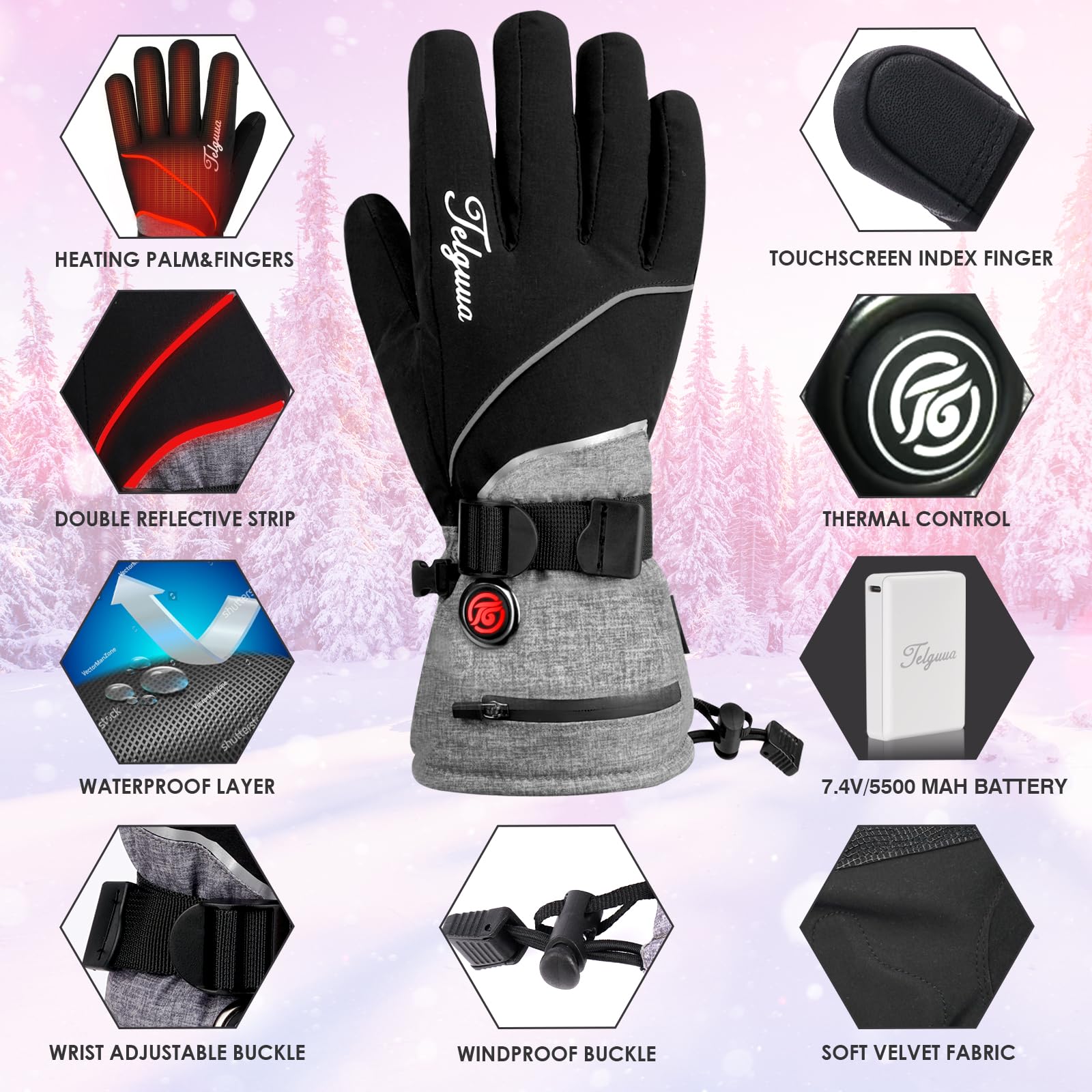 Telguua heated gloves fabric close-up reveals waterproof Oxford material.