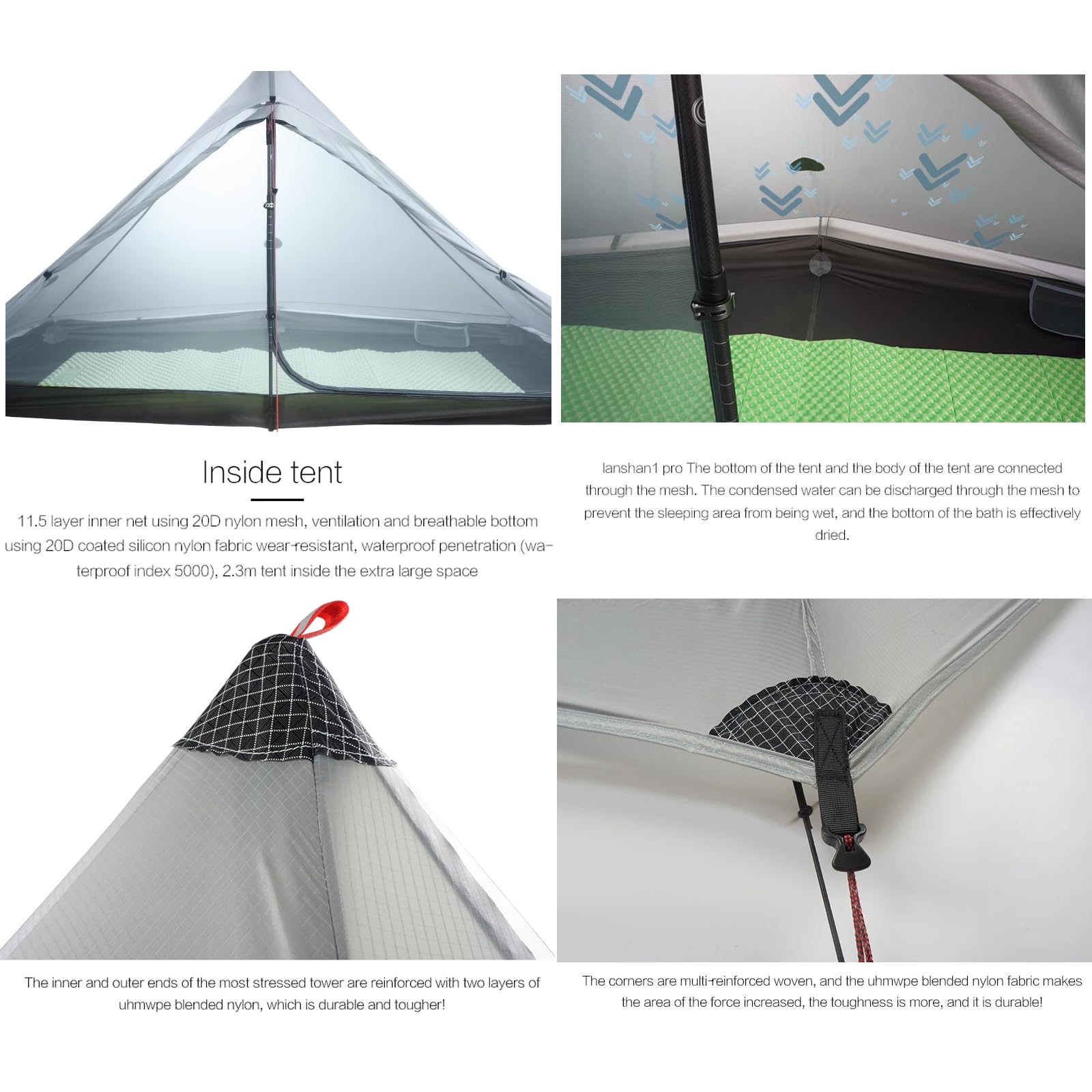 Telomat Lanshan1 Pro inner tent close-up showing breathable gauze and stake pockets
