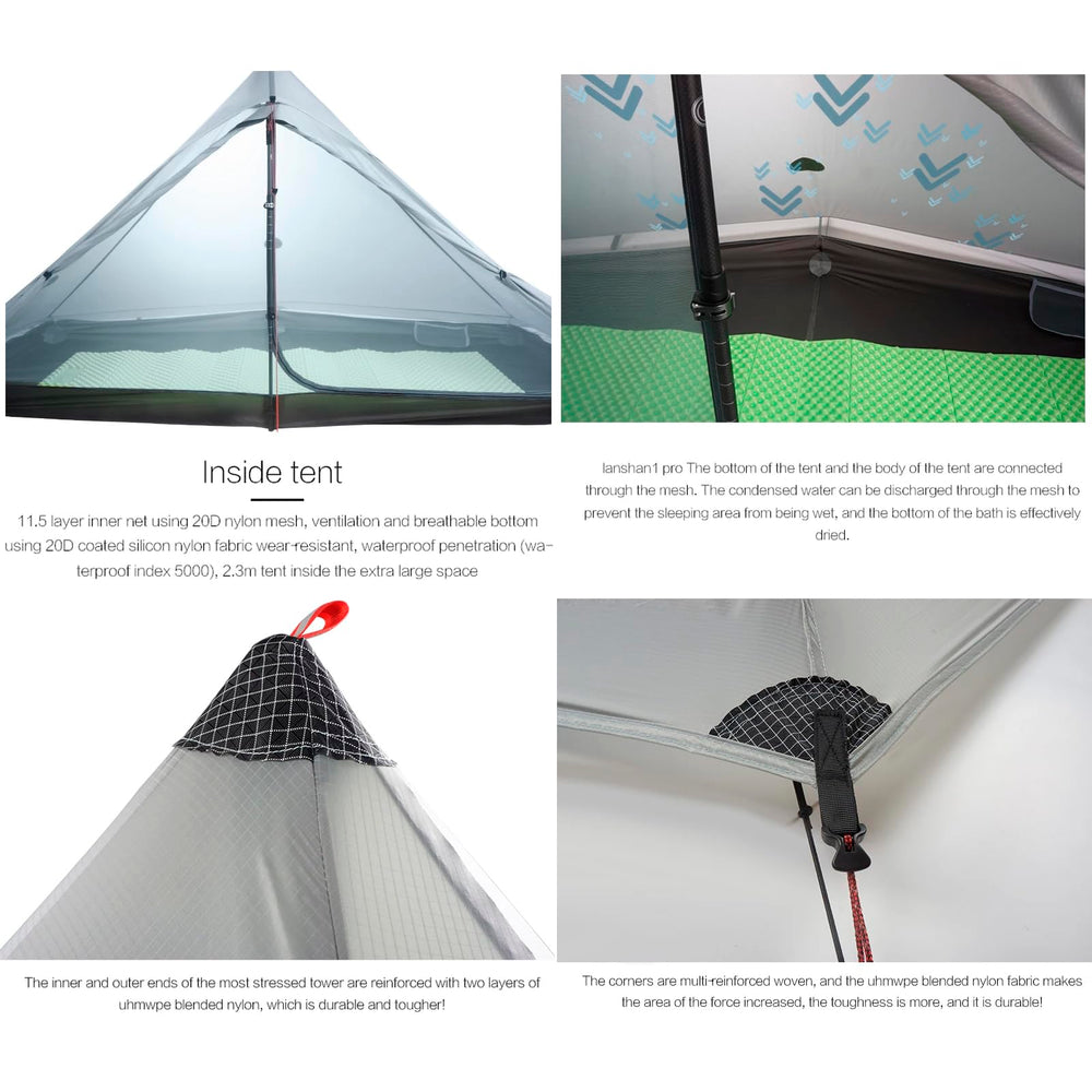Telomat Lanshan1 Pro inner tent close-up showing breathable gauze and stake pockets