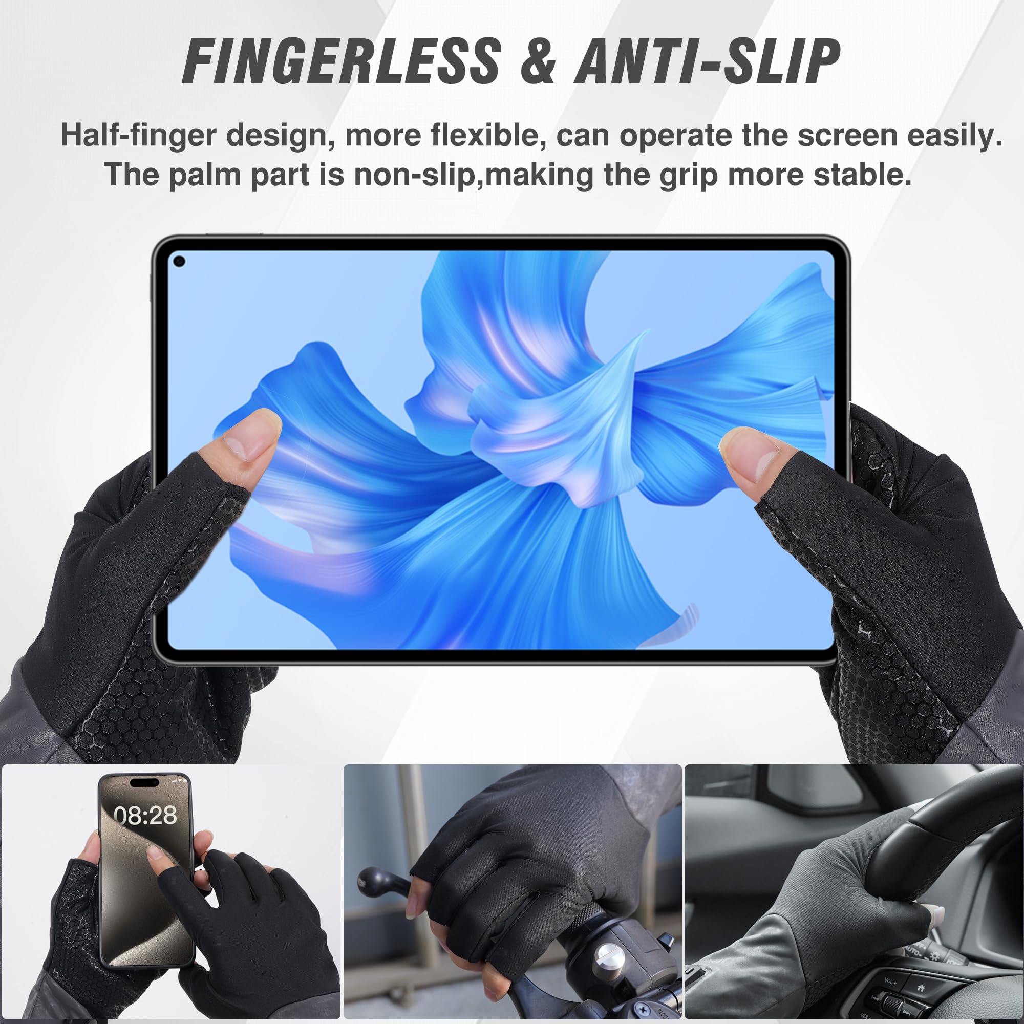 TemHot fingerless heated glove liners worn on hands demonstrating dexterity