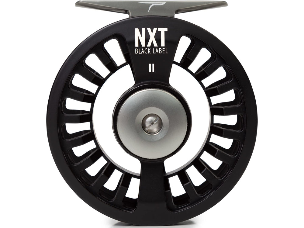 Temple Fork Outfitters NXT Black Label II reel front view showing lightweight machined aluminum frame