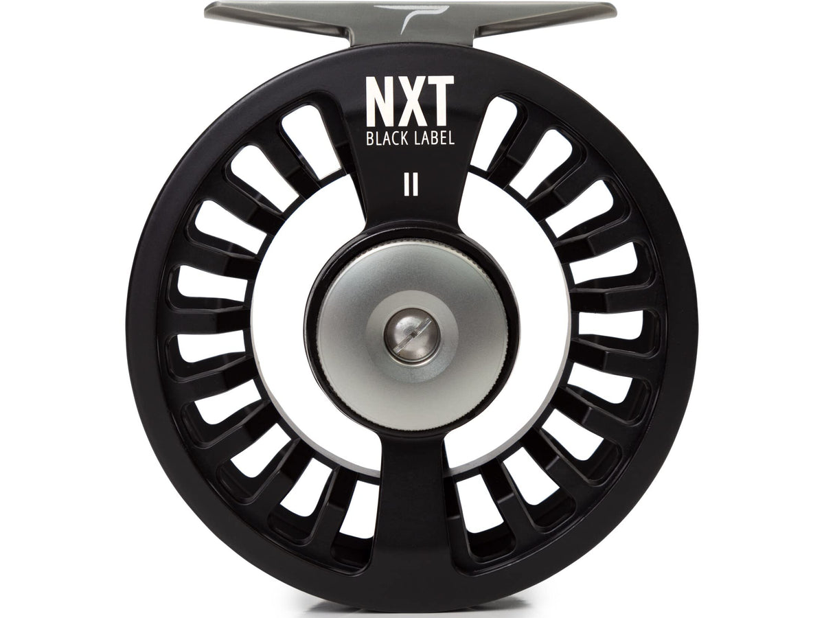 Temple Fork Outfitters NXT Black Label II reel front view showing lightweight machined aluminum frame