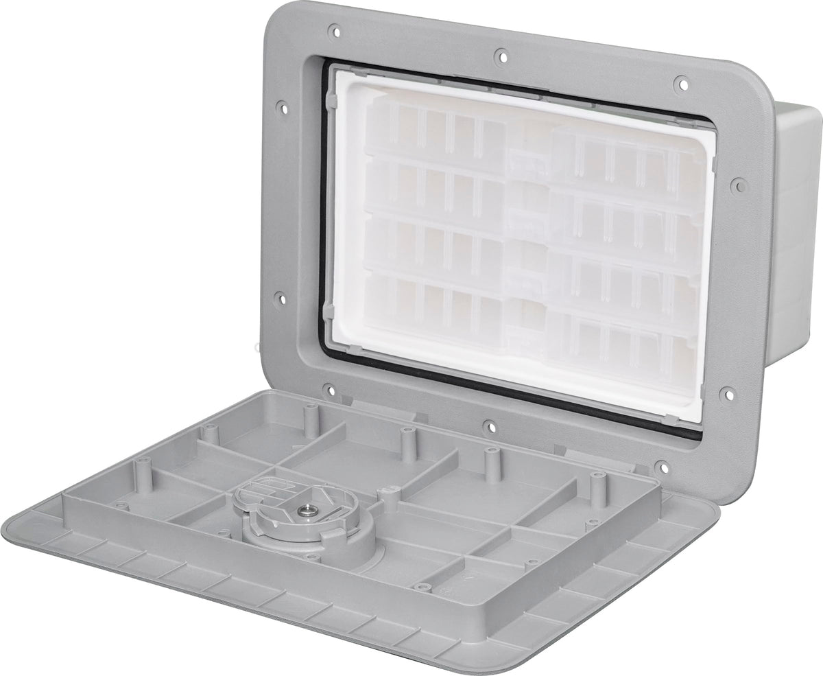 Tempress 1115 Cam tackle hatch exterior view in dark gray for rugged marine use