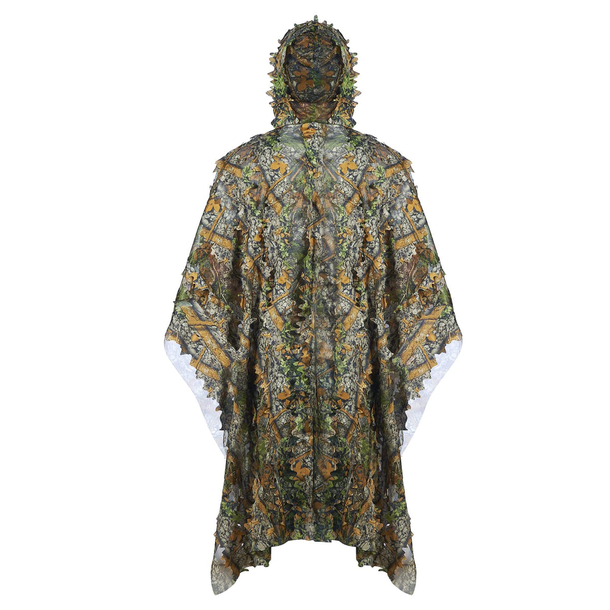 Tencen Ghillie Poncho 3D leaf camouflage blends with forest foliage for concealment