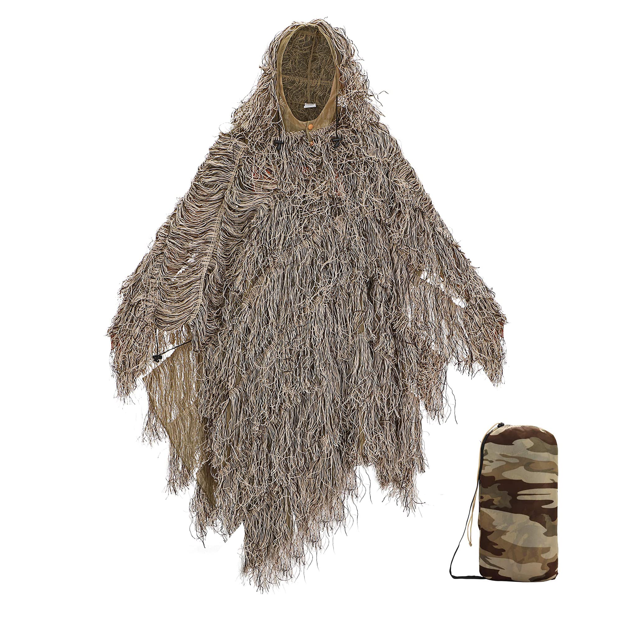 Tencen Ghillie Poncho desert camo with hood enhances stealth for wildlife viewing.