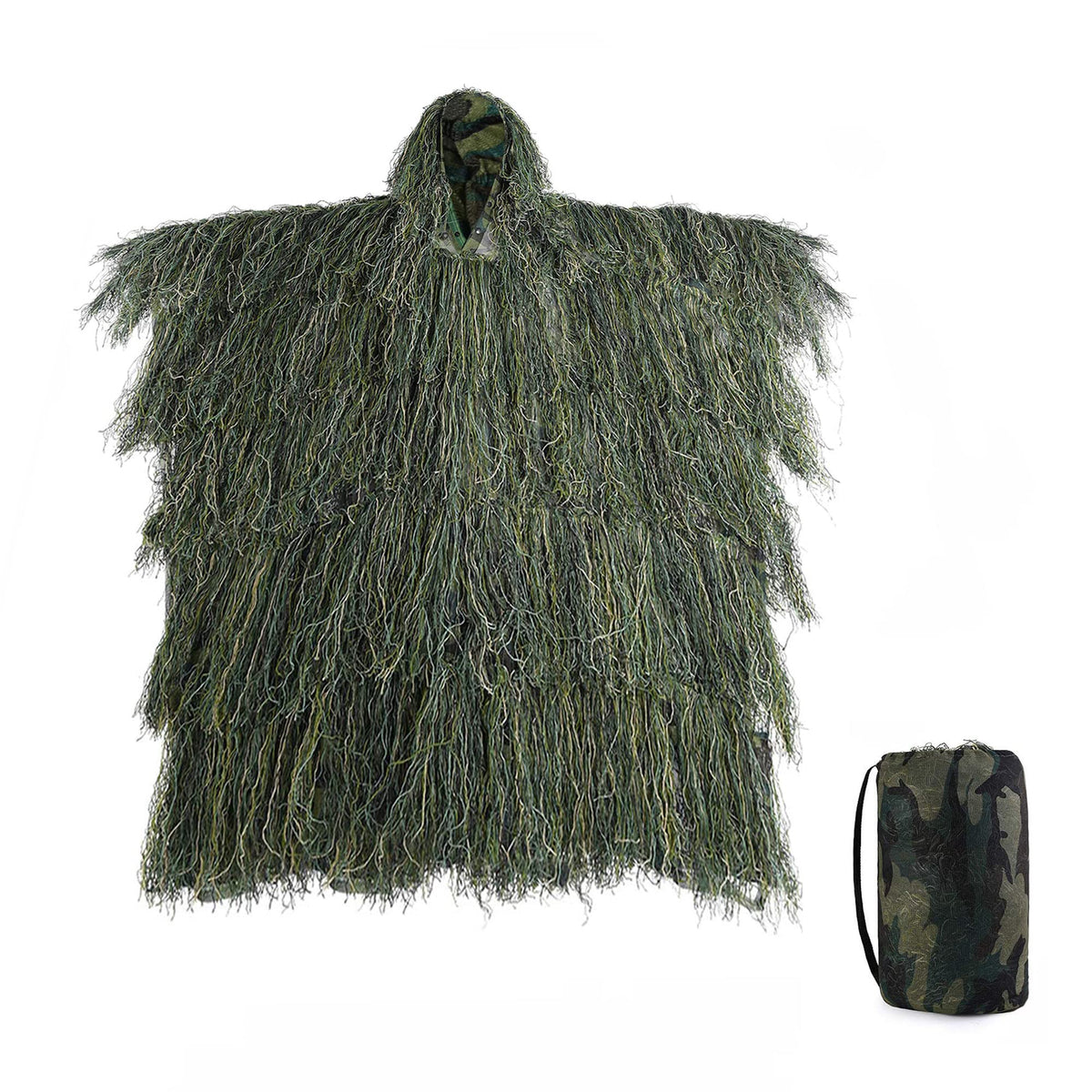 Tencen Ghillie poncho woodland front view enabling versatile concealment