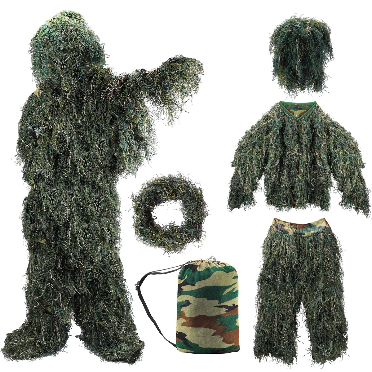 Tencen Ghillie Suit jacket in woodland camo for stealthy movement in dense brush.