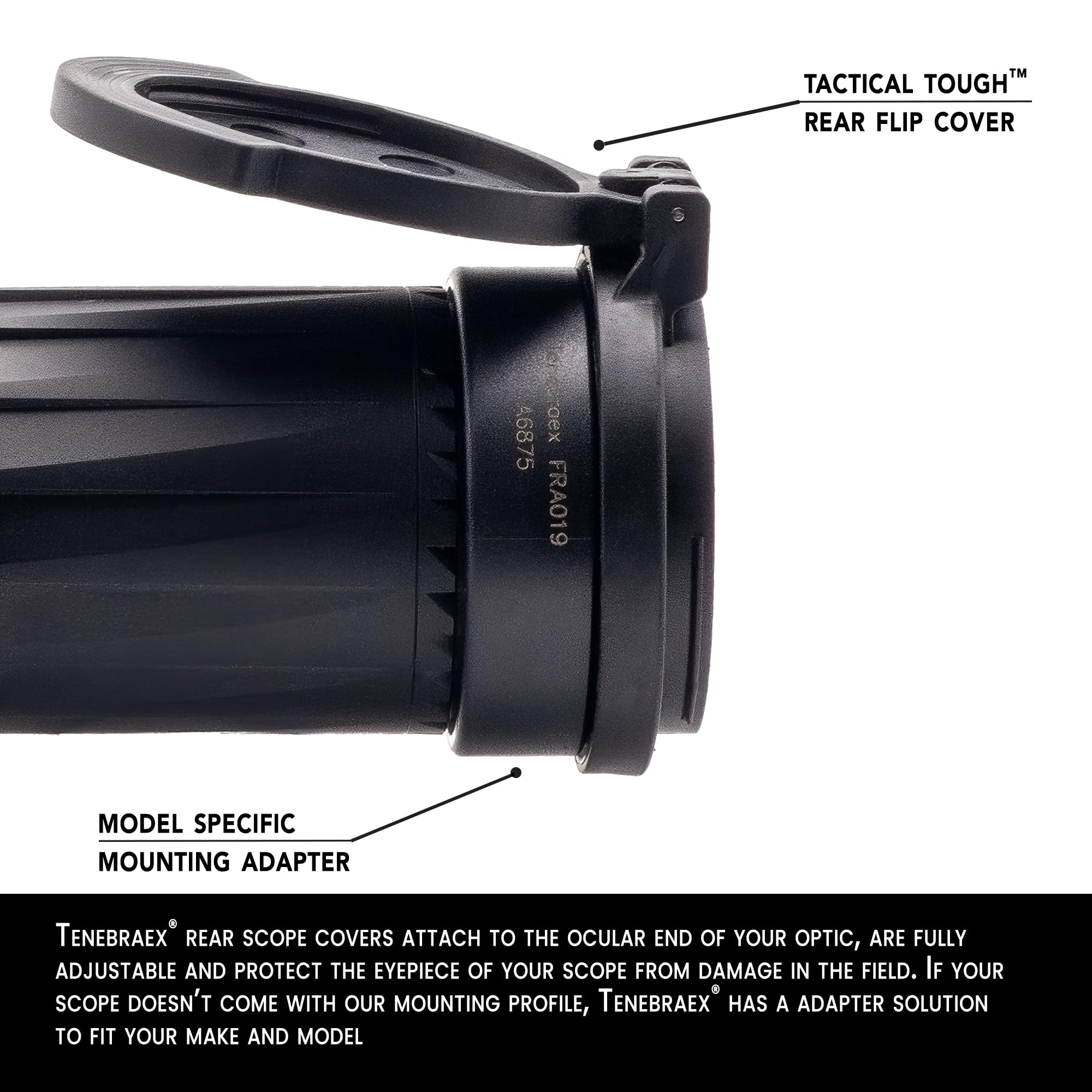 Tenebraex ocular flip-up cover 360° rotation for preferred lid position.