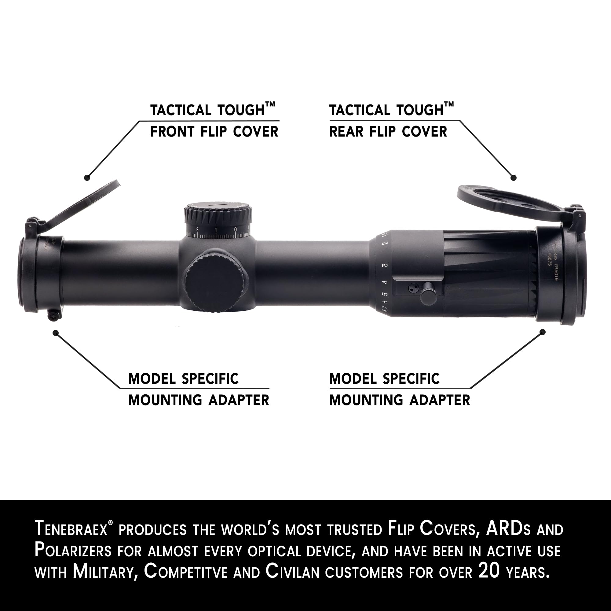 Tenebraex ocular flip-up cover made from durable thermoplastic withstands chemicals and abrasion.
