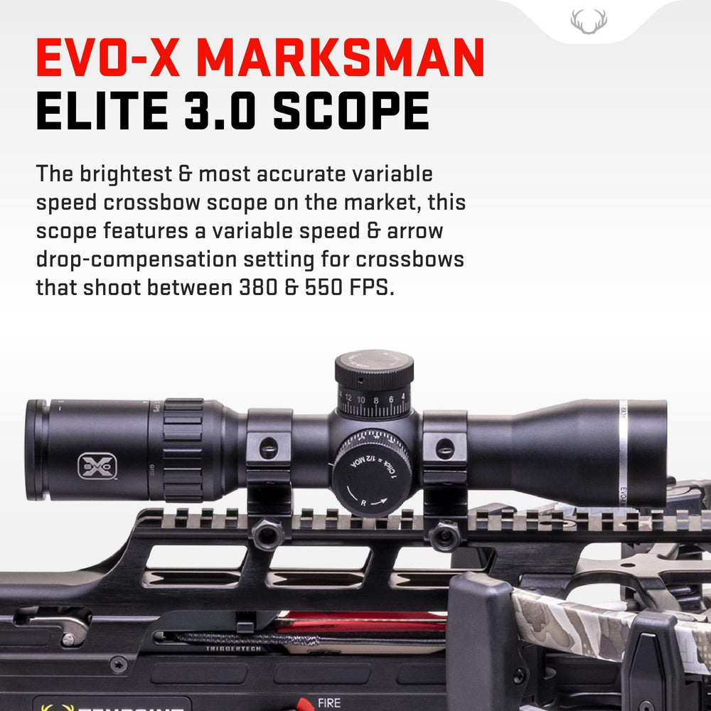 TenPoint EVO-X 3.0 scope windage and elevation turrets for precise adjustments.