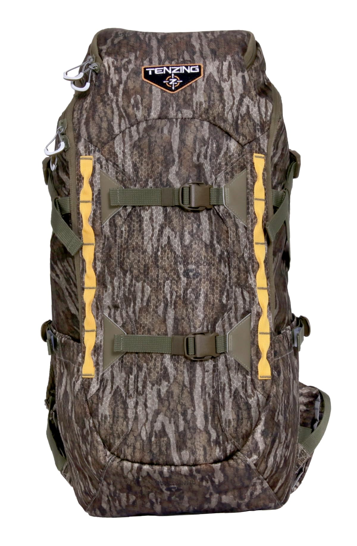 TENZING 2300 Whitetail Day Pack front view in mossy oak camouflage for concealment.