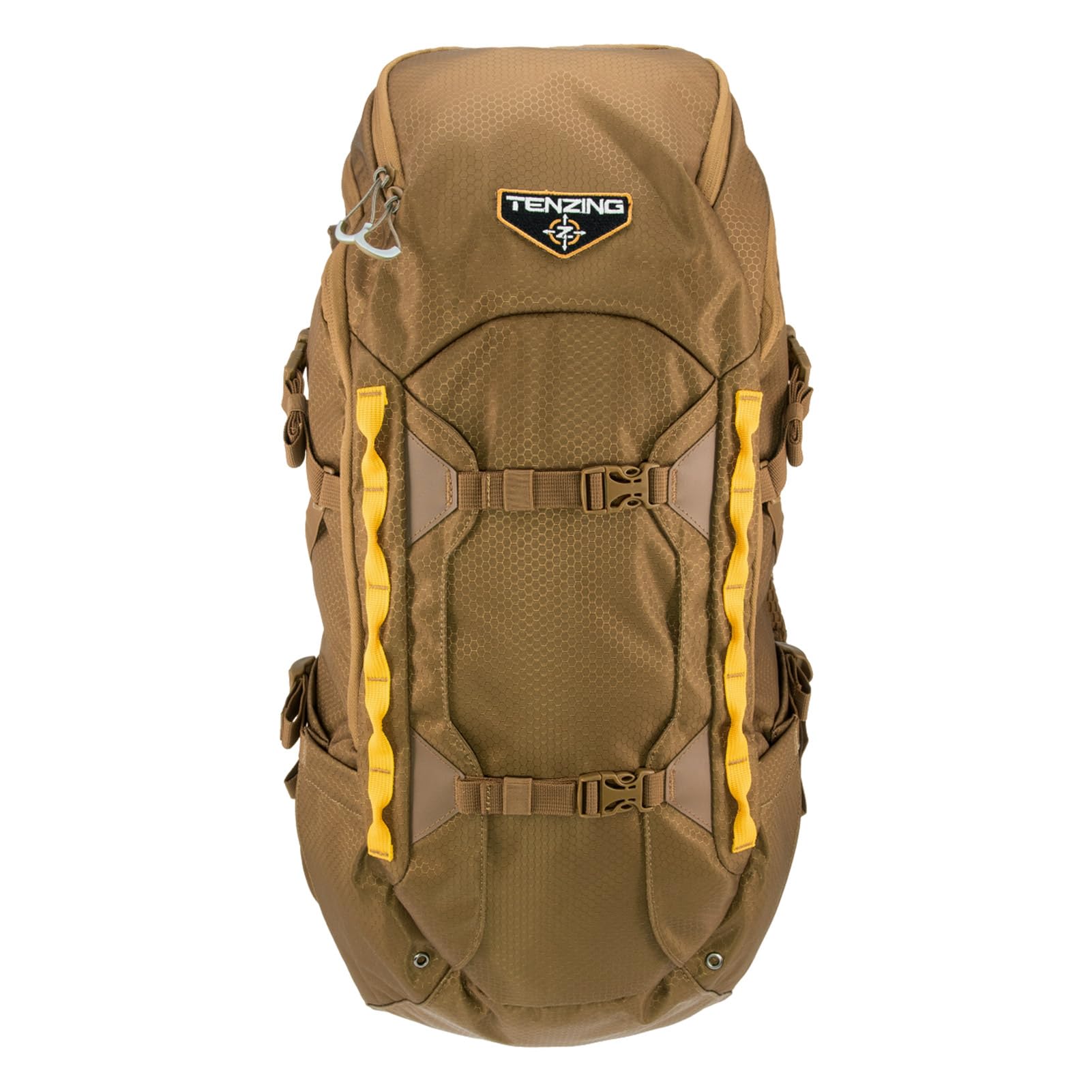 TENZING 2300 Whitetail Day Pack front view in Buckskin Tan with rugged camo and ample storage.