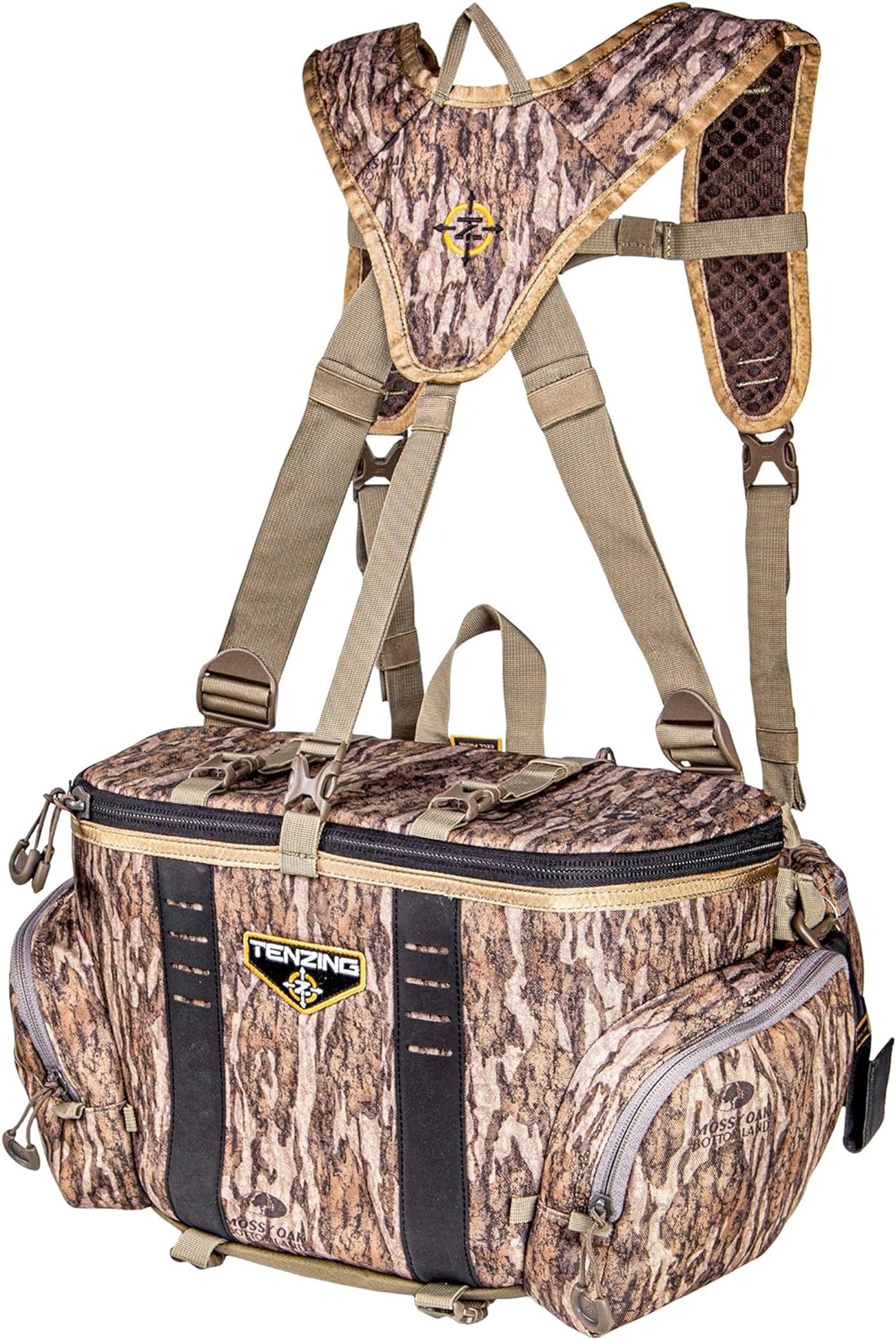TENZING Hangtime lumbar pack in Mossy Oak Bottomland front view for camo in dense brush
