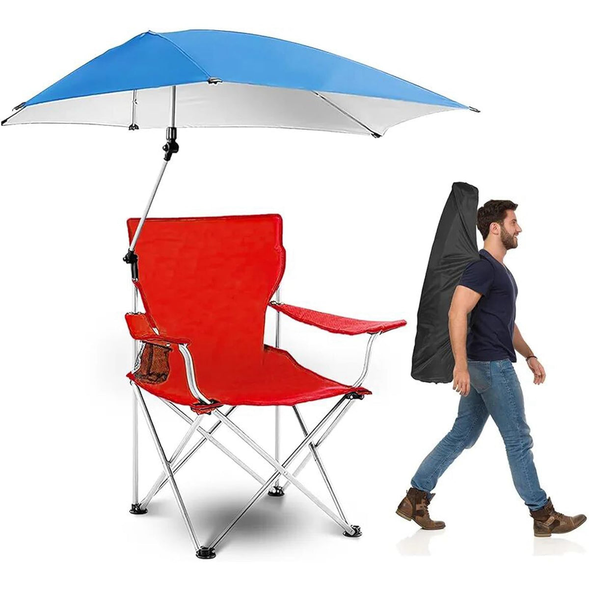 TeqHome Beach Chair with removable umbrella shade, adjustable for sun exposure