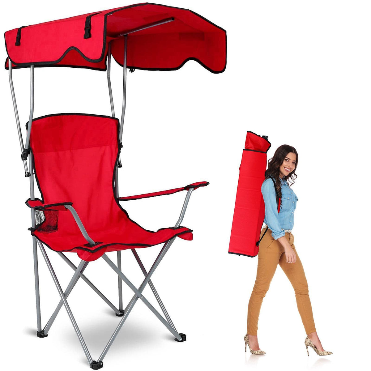 TeqHome Camp Chair with shade canopy offering UPF 50+ sun protection for sunny days