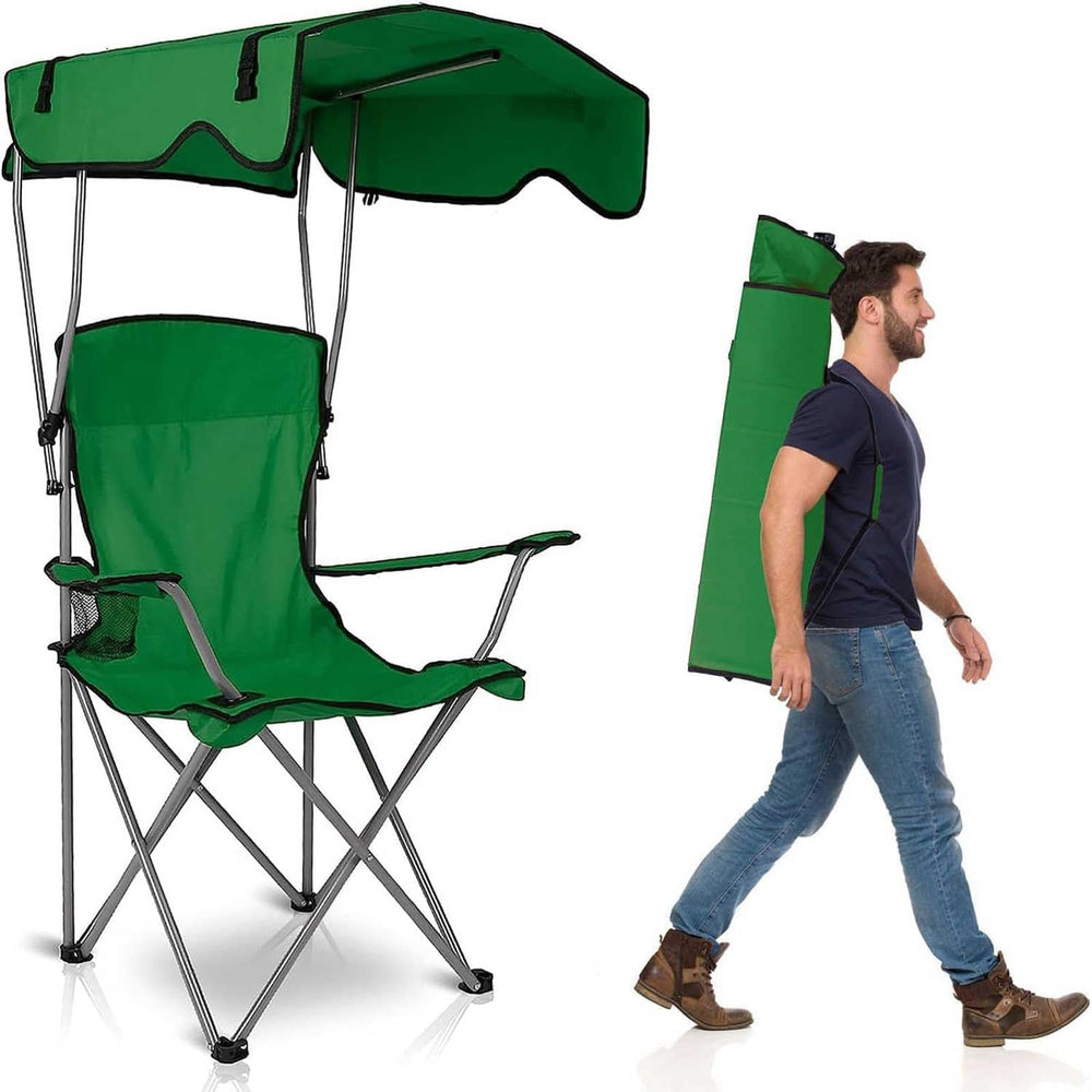 TeqHome camping chair with canopy extended for full sun protection on outdoor seating.