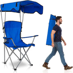TeqHome camping chair with canopy shading the sun on a sunny beach day.