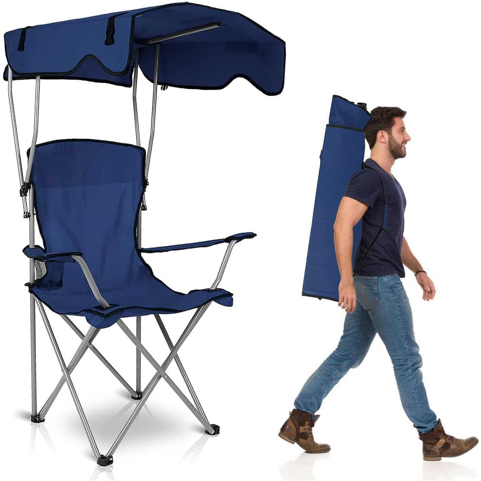 TeqHome camping chair with canopy setup provides instant outdoor shade.