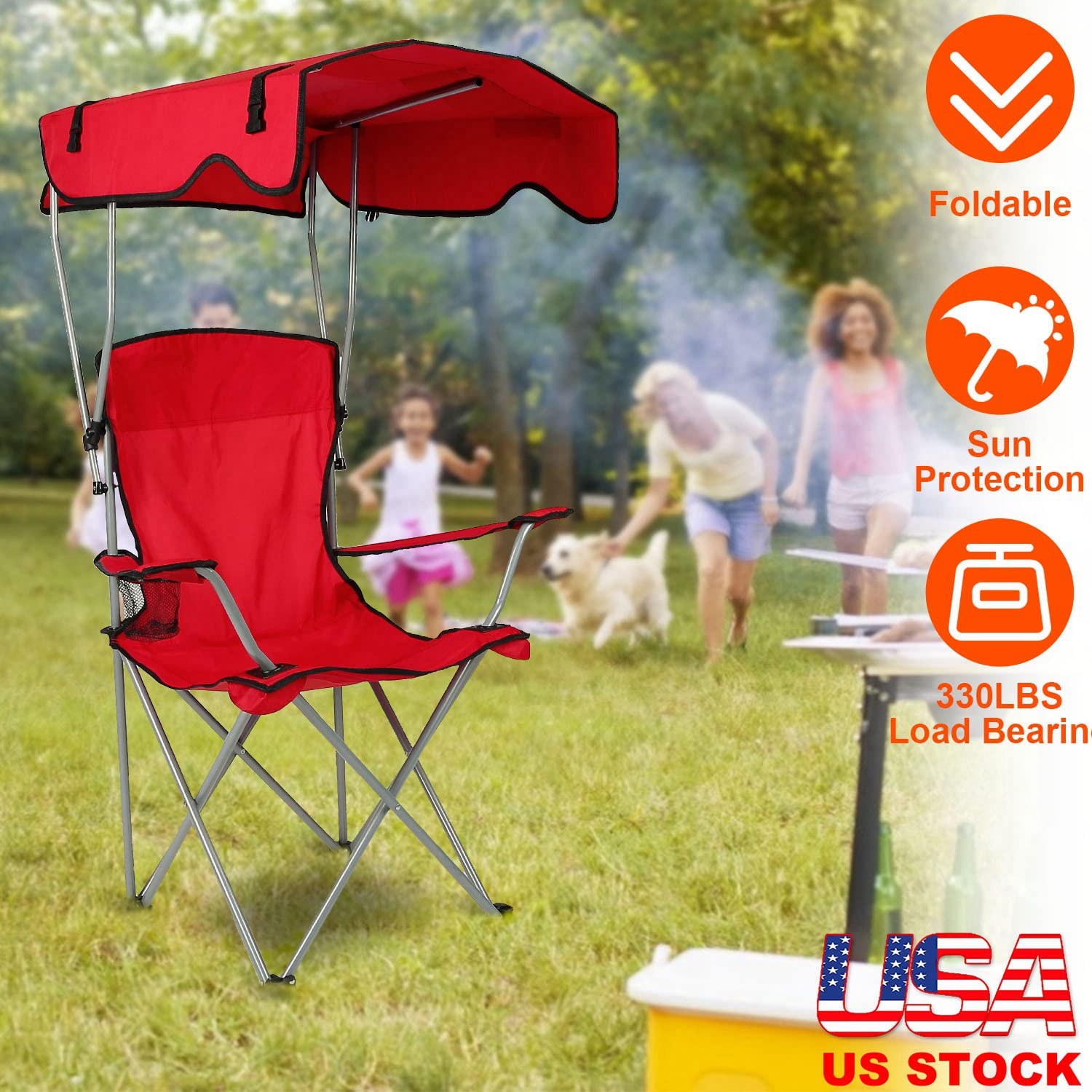 TeqHome chair with UPF 50+ canopy protects from sunlight