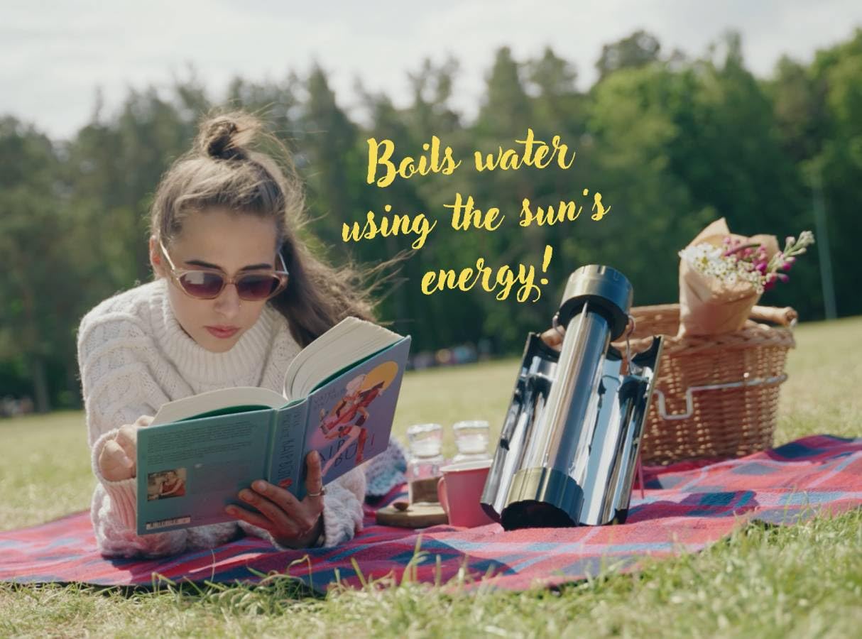 Teragh Solar Kettle 2.0 water boil detail shows efficient solar heating for beverages.